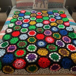 Vintage Handmade Multicolor Granny Crochet Boho Afghan 47”x 62”